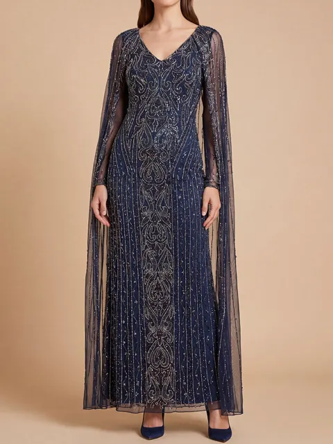 V-Neck Linear Beaded Dress with Long Cape