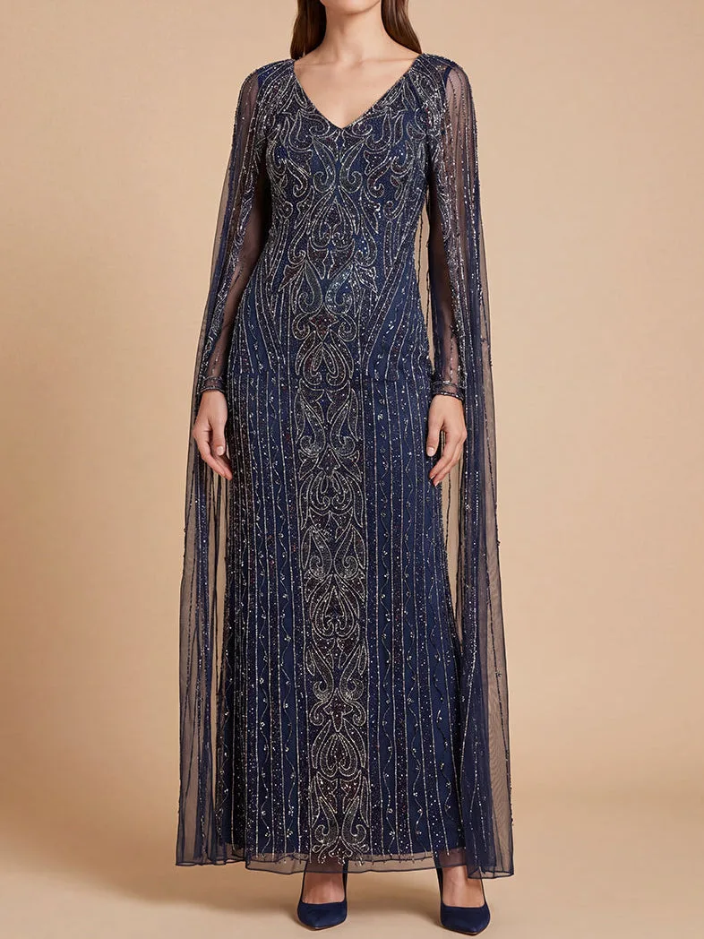 V-Neck Linear Beaded Dress with Long Cape by Lara New York — style 28838