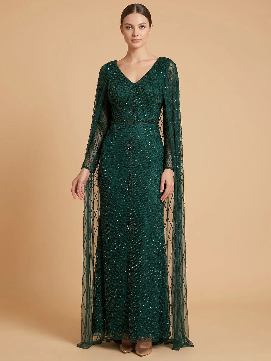 V-Neck Beaded Dress with Long Cape by Lara New York — style 28839 in Dark Green