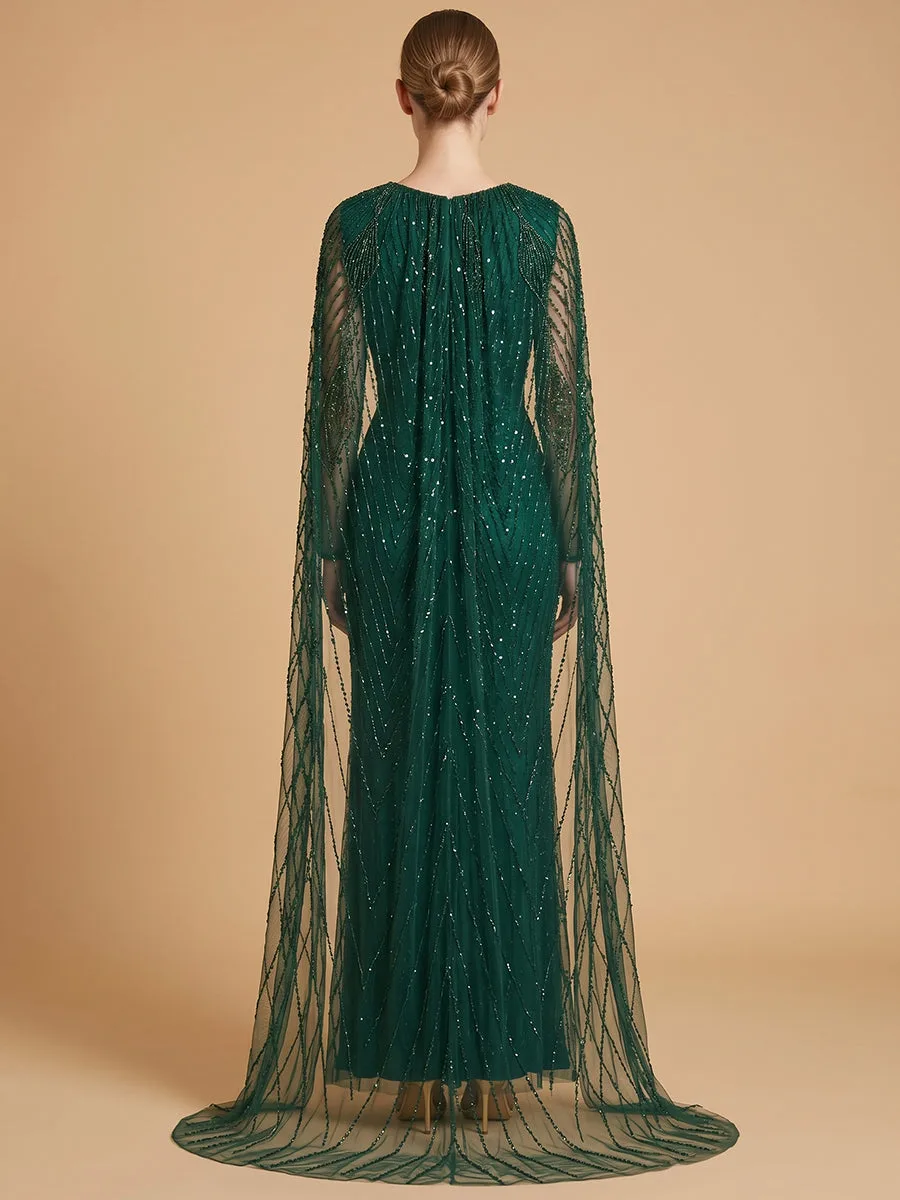V-Neck Beaded Dress with Long Cape by Lara New York — style 28839