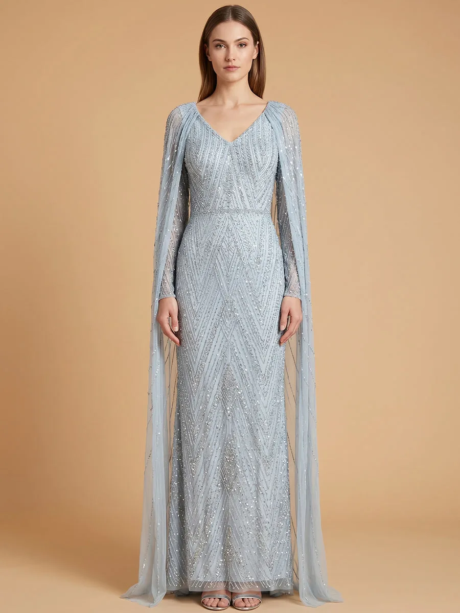 V-Neck Beaded Dress with Long Cape by Lara New York — style 28839 in Sky Blue