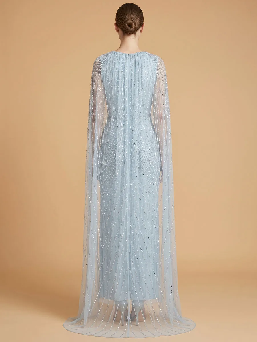 V-Neck Beaded Dress with Long Cape by Lara New York — style 28839