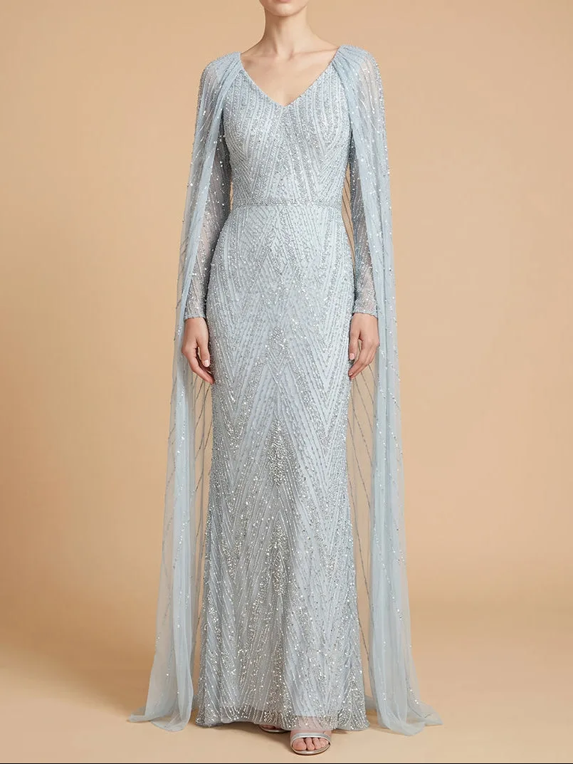 V-Neck Beaded Dress with Long Cape by Lara New York — style 28839