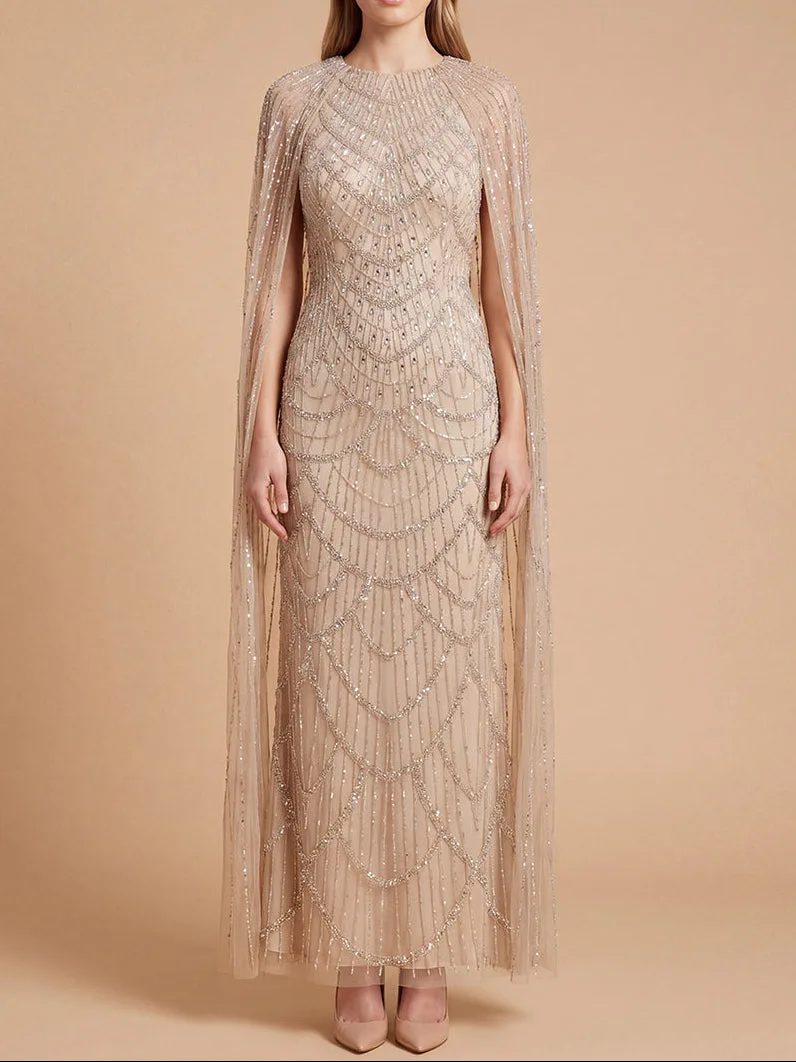 High Neck Beaded Dress with Long Cape by Lara New York — style 28840 in Nude