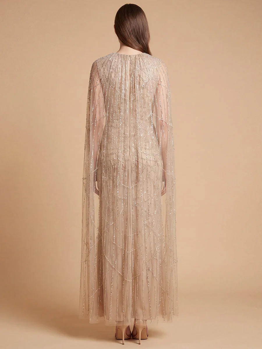 High Neck Beaded Dress with Long Cape by Lara New York — style 28840