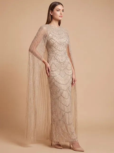 High Neck Beaded Dress with Long Cape