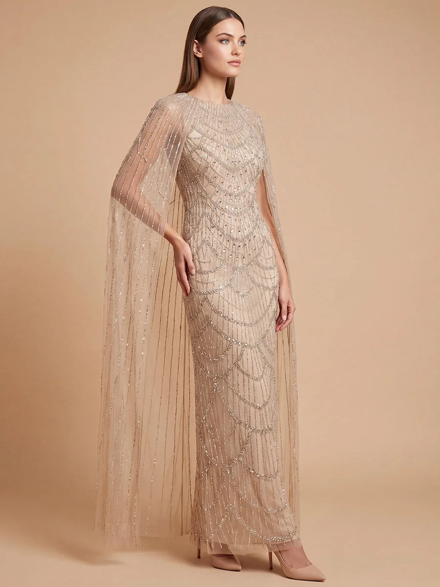 High Neck Beaded Dress with Long Cape by Lara New York — style 28840