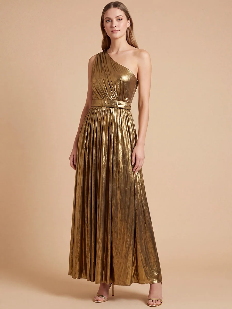 One Shoulder Metallic Dress by Lara New York — style 28844 in Bronze