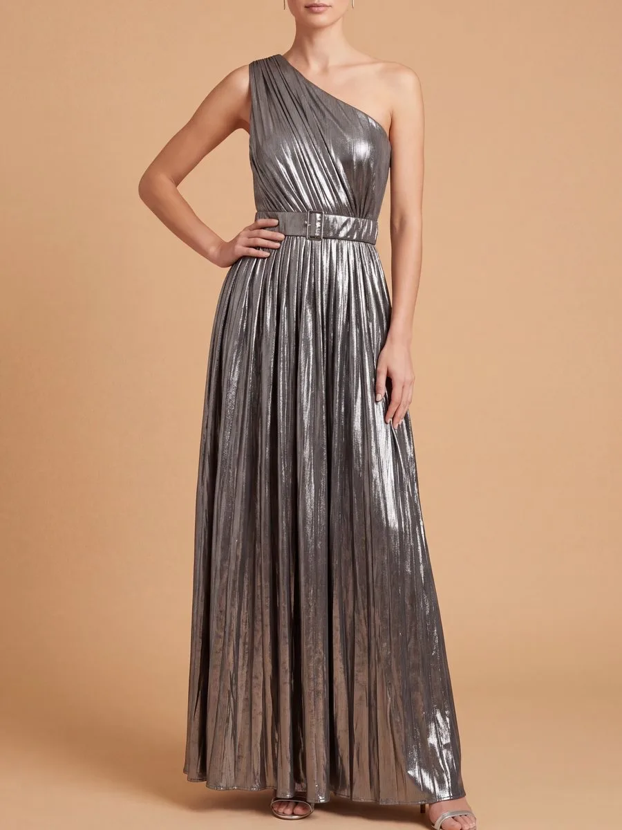 One Shoulder Metallic Dress by Lara New York — style 28844 in Gunmetal