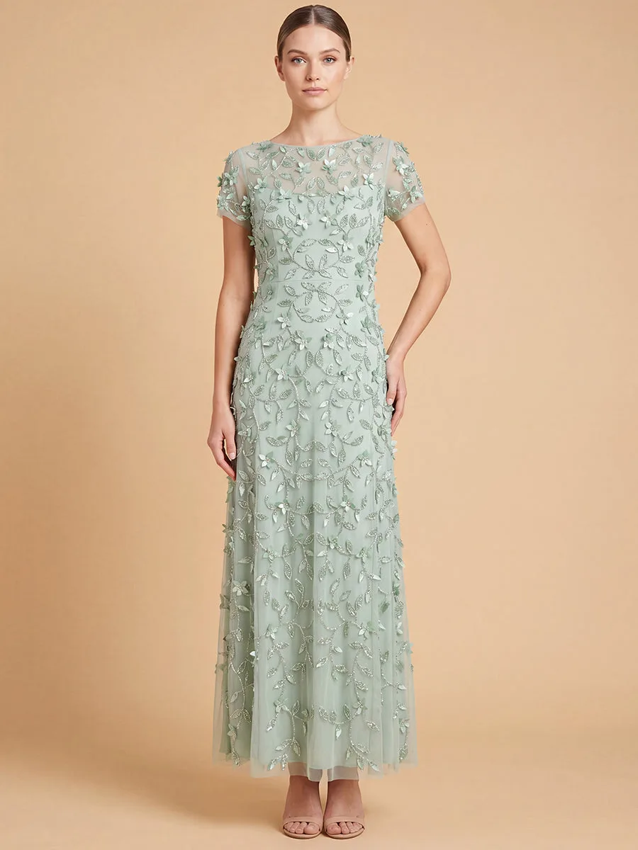 3D Floral Embellished Gown with Cap Sleeves by Lara New York — style 28850 in Mint