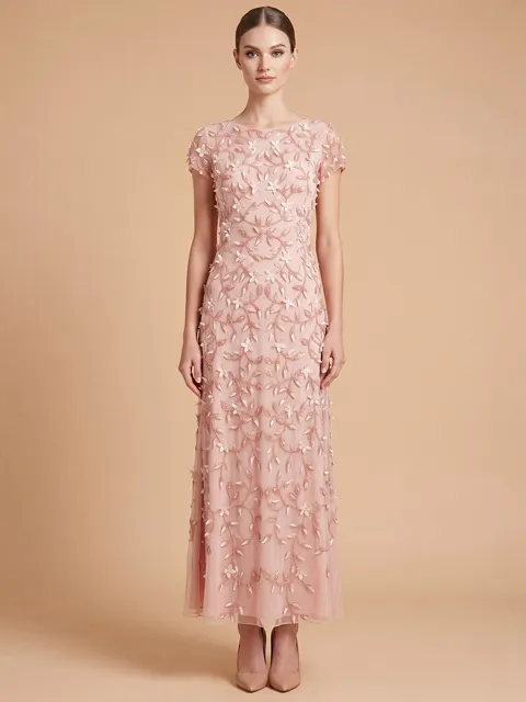 3D Floral Embellished Gown with Cap Sleeves