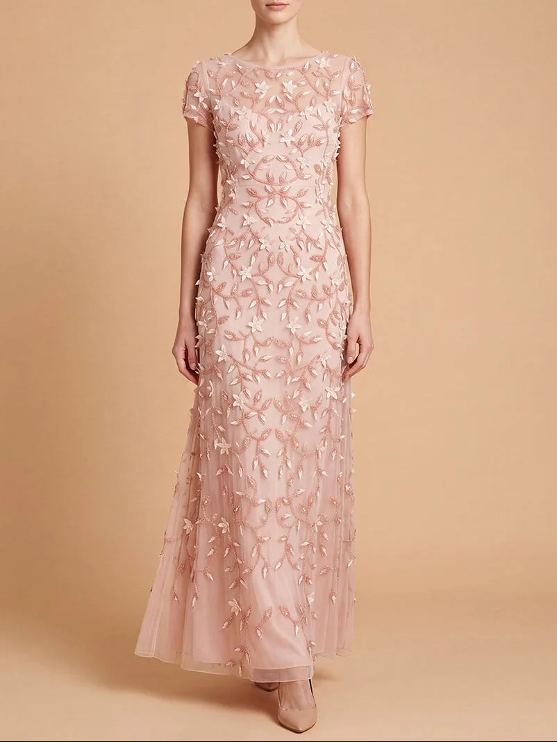 3D Floral Embellished Gown with Cap Sleeves by Lara New York — style 28850 in Peach Rose