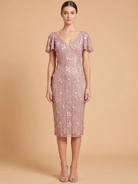 3D Floral Embellished Midi Dress with Cape Sleeves