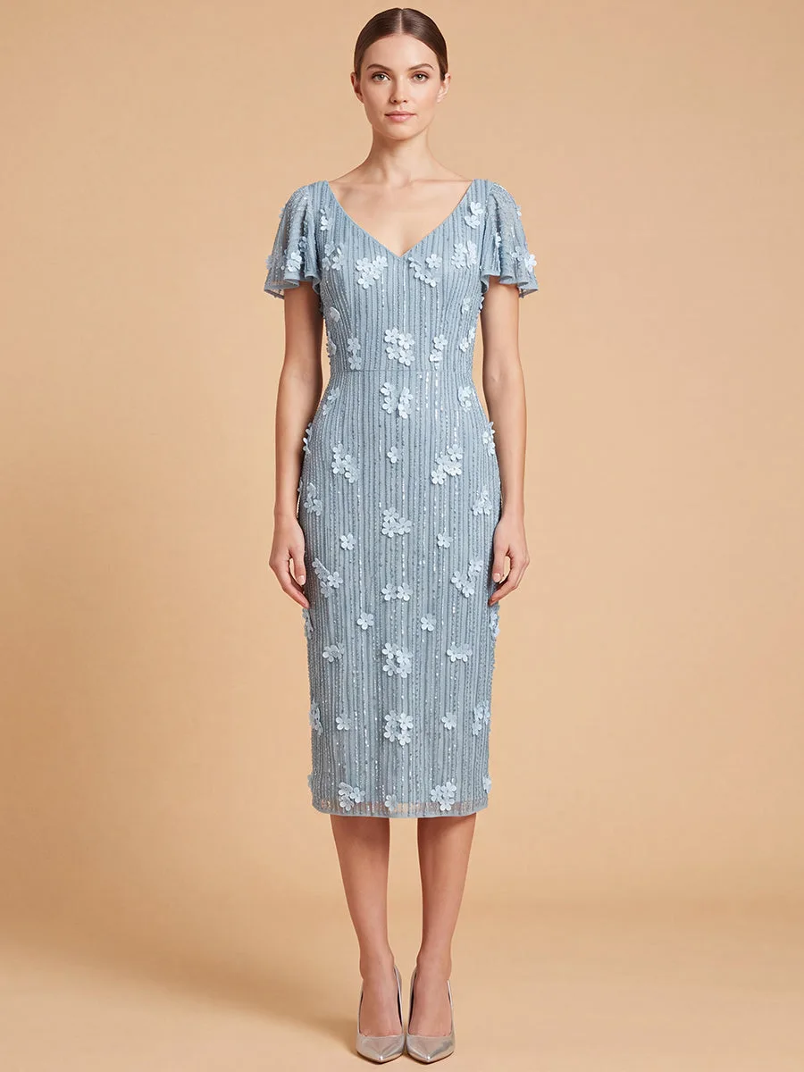 3D Floral Embellished Midi Dress with Cape Sleeves by Lara New York — style 28851 in Sky
