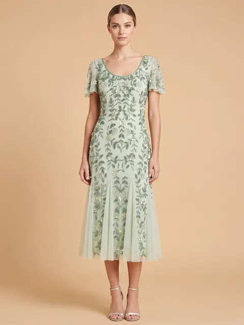 3D Floral Embellished Midi Dress with Cape Sleeves