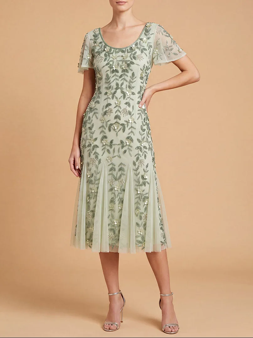 3D Floral Embellished Midi Dress with Cape Sleeves by Lara New York — style 28853