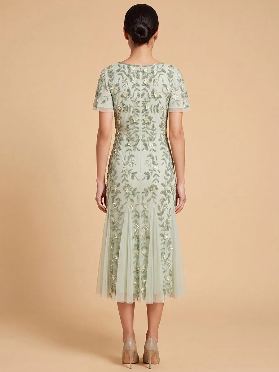 3D Floral Embellished Midi Dress with Cape Sleeves by Lara New York — style 28853