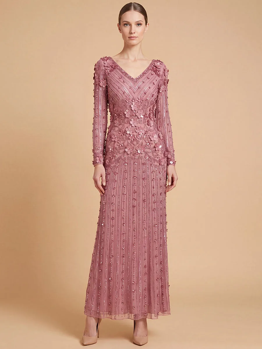 3D Floral Embellished Long Sleeve Gown by Lara New York — style 28854 in Deep Rose