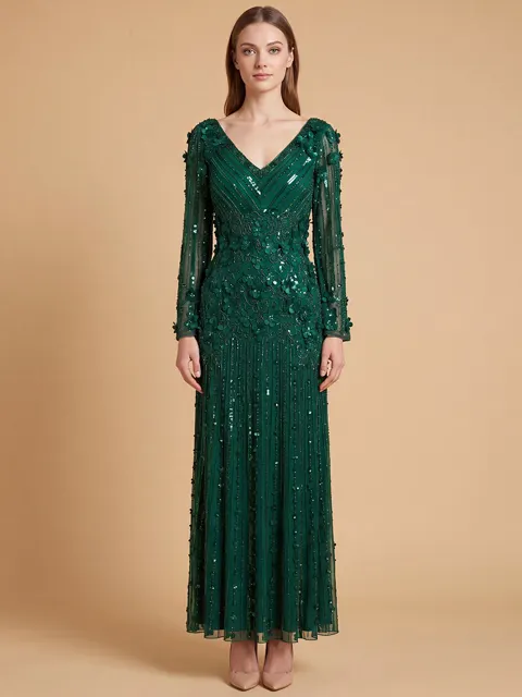 3D Floral Embellished Long Sleeve Gown