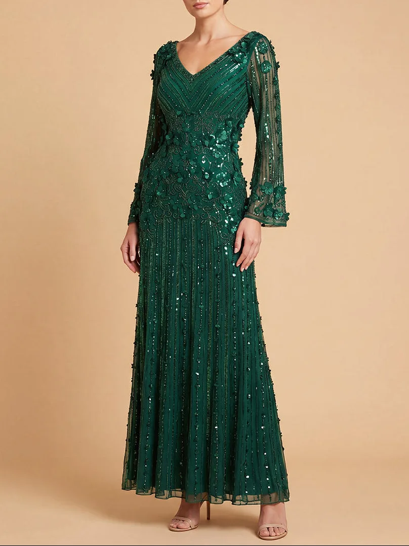 3D Floral Embellished Long Sleeve Gown by Lara New York — style 28854