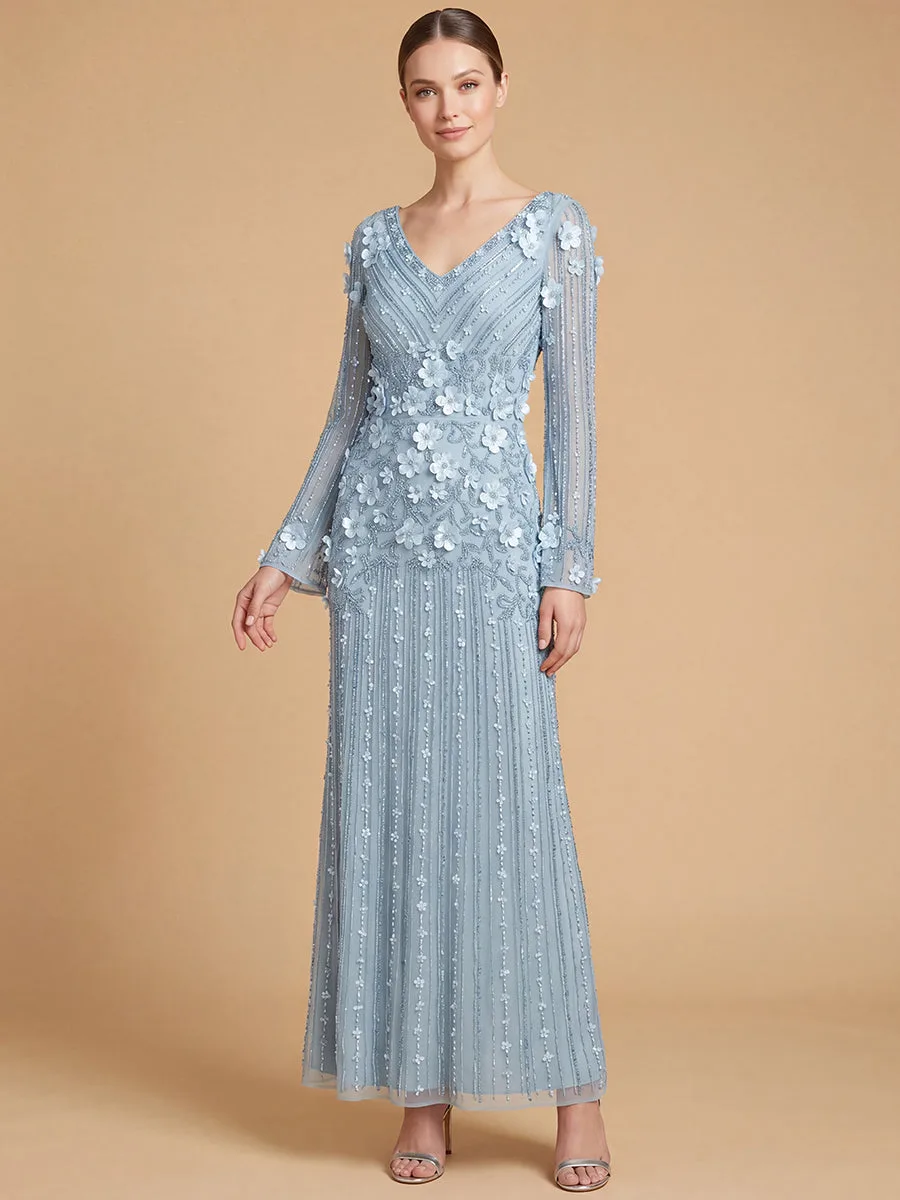 3D Floral Embellished Long Sleeve Gown by Lara New York — style 28854 in Sky