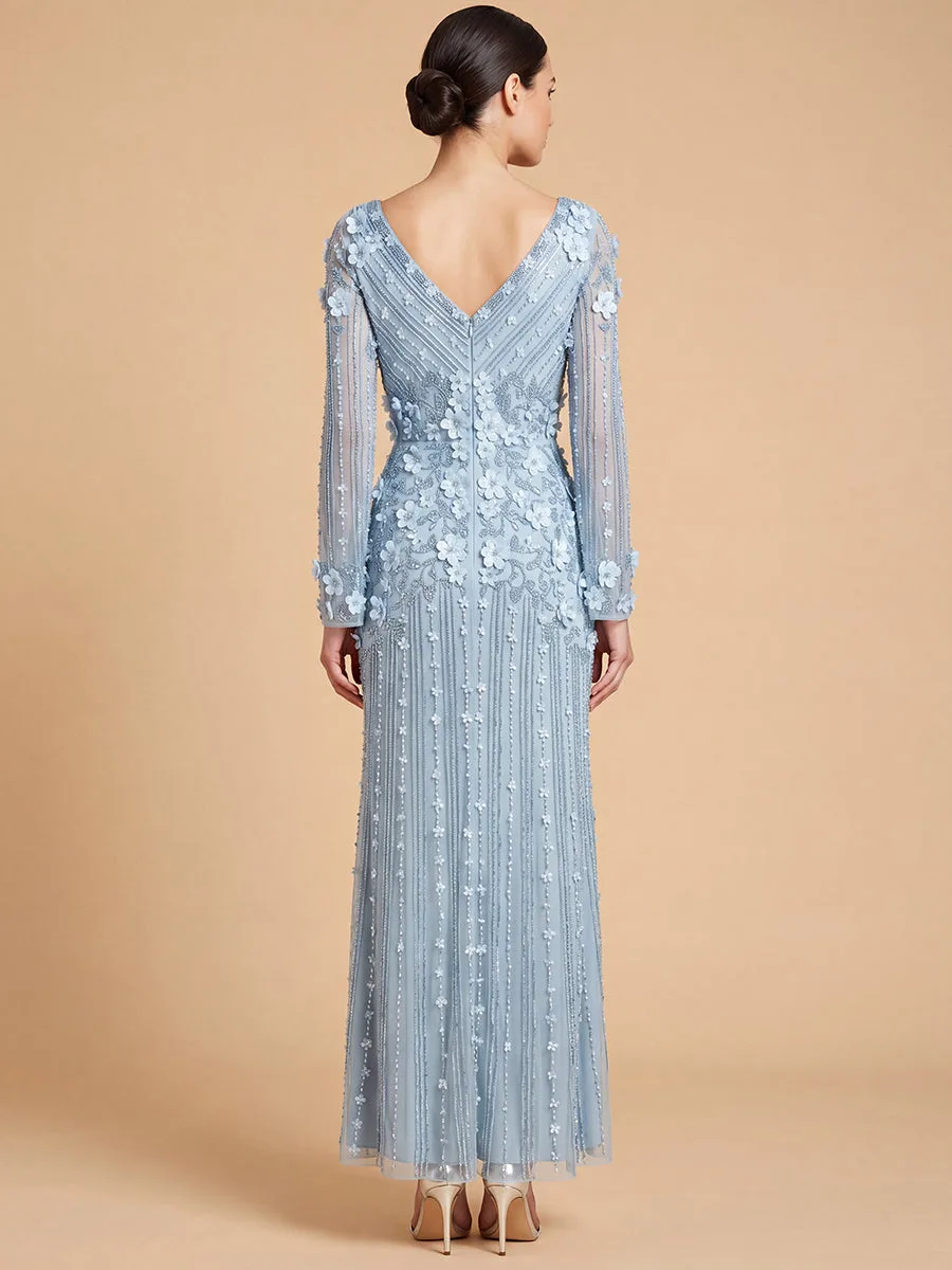 3D Floral Embellished Long Sleeve Gown by Lara New York — style 28854