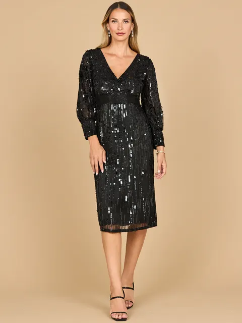 Beaded A-line Midi Dress with Long Sleeves