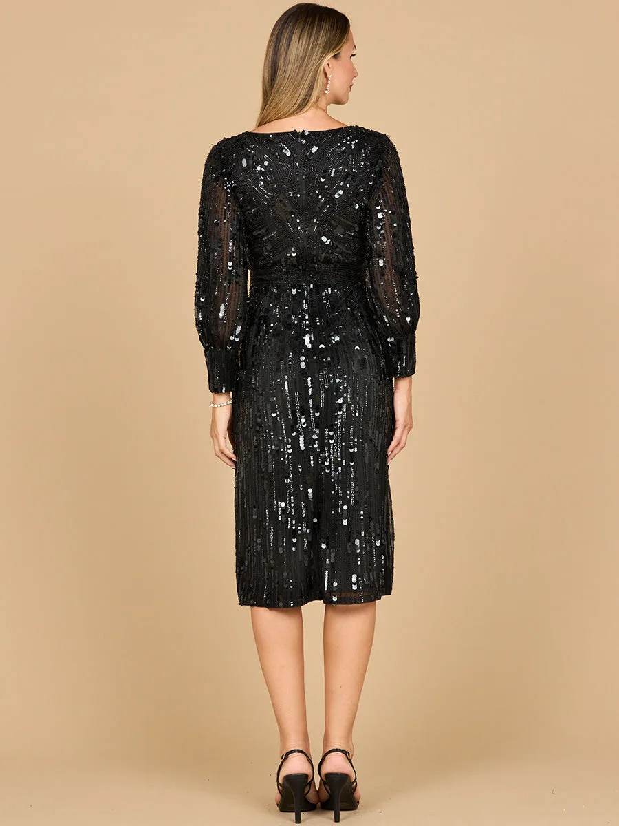 Beaded A-line Midi Dress with Long Sleeves by Lara New York — style 28855