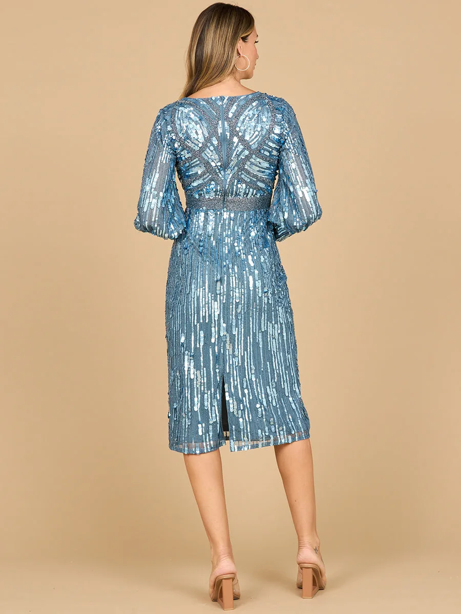 Beaded A-line Midi Dress with Long Sleeves by Lara New York — style 28855