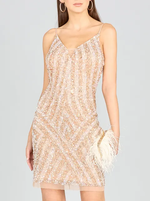 Spaghetti Strap Beaded Cocktail Dress