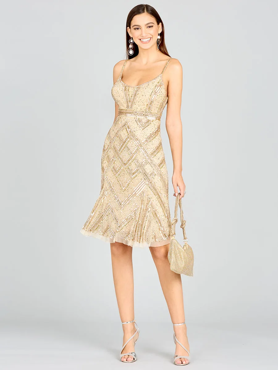 Beaded Flounce Dress by Lara New York — style 28860 in Nude