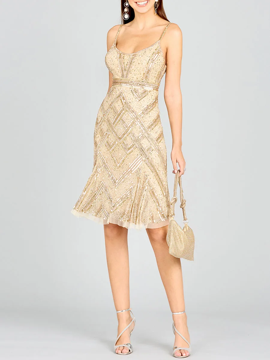 Beaded Flounce Dress by Lara New York — style 28860 in Nude
