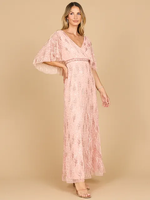 Beaded Evening Gown with Half Cape