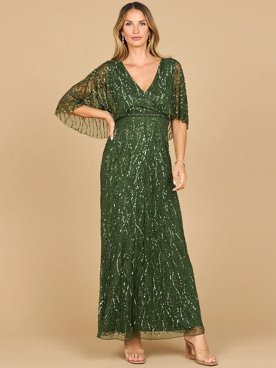 Beaded Evening Gown with Half Cape by Lara New York — style 28862 in Emerald Green