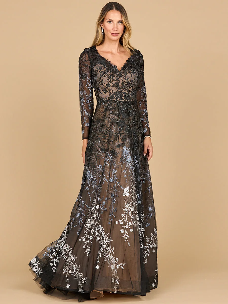Long Sleeve V-Neck Ombre Lace Gown by Lara New York — style 28878 in Black Ombre