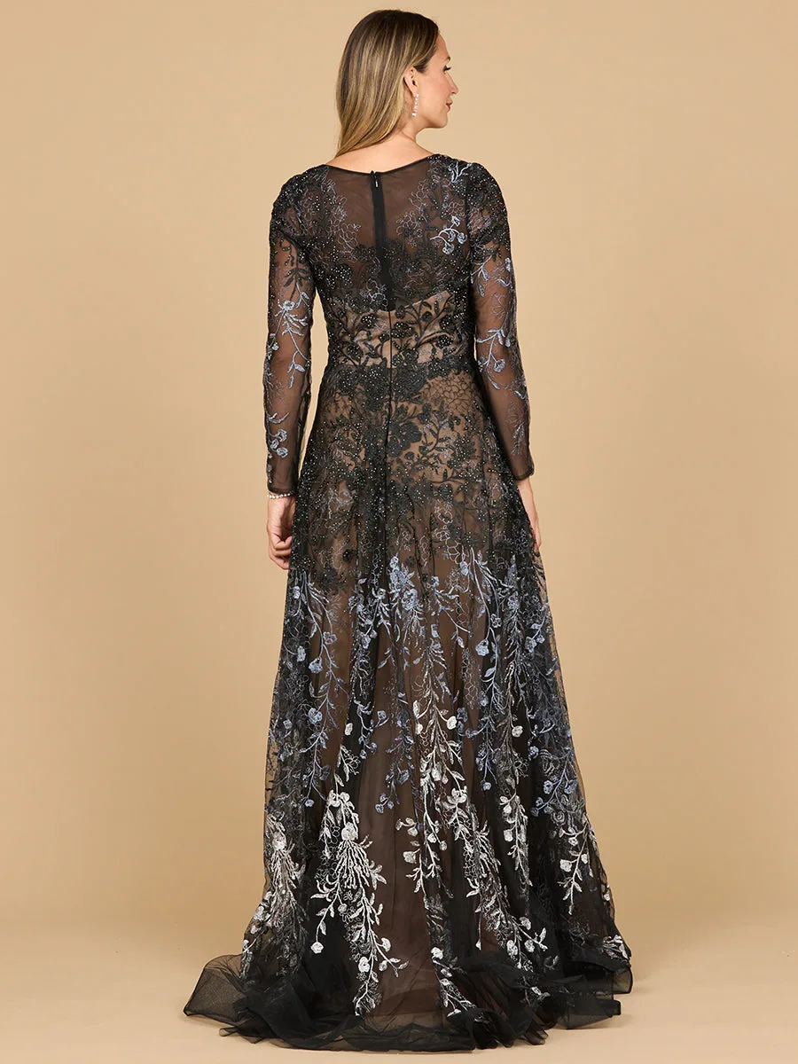 Long Sleeve V-Neck Ombre Lace Gown by Lara New York — style 28878