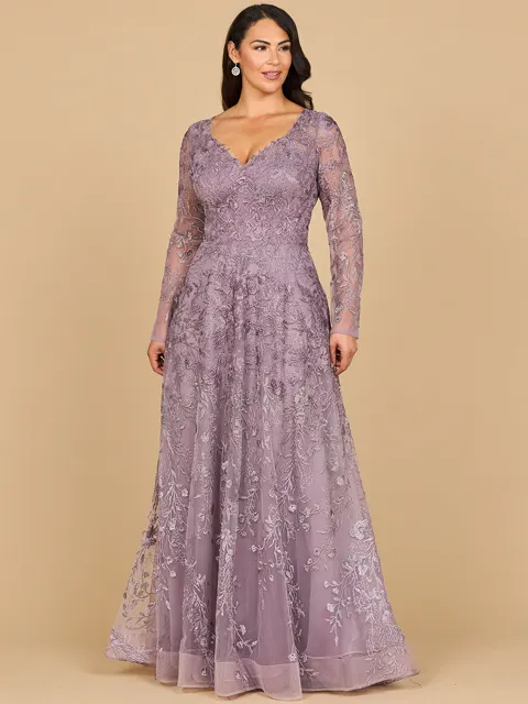 Long Sleeve V-Neck Ombre Lace Gown