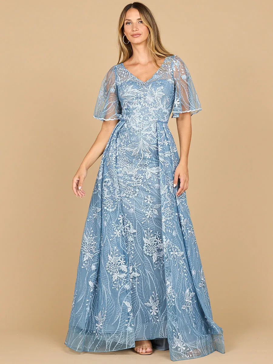 Overskirt Lace Fitted V-Neck Gown with Cape Sleeves by Lara New York — style 28880 in Blue
