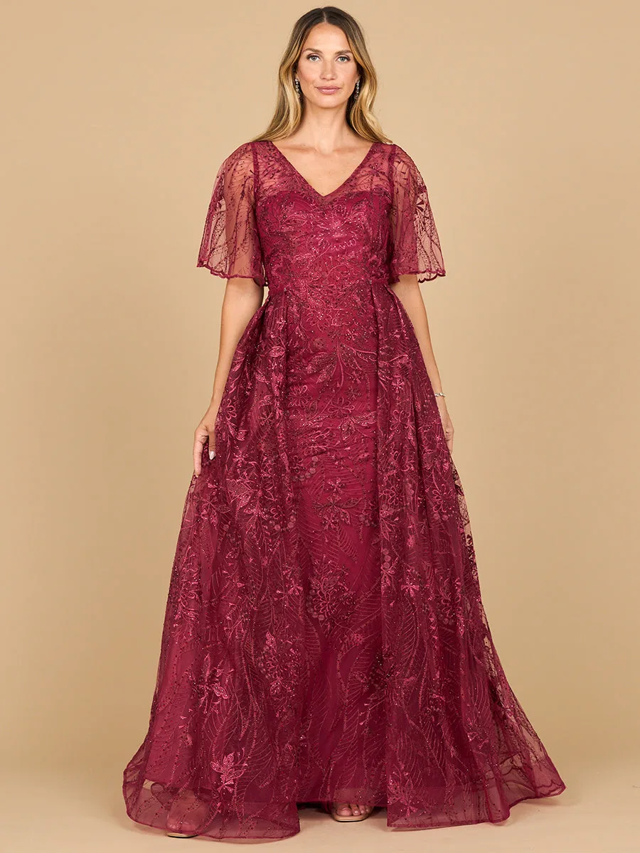 Overskirt Lace Fitted V-Neck Gown with Cape Sleeves by Lara New York — style 28880 in Dark Fuchsia