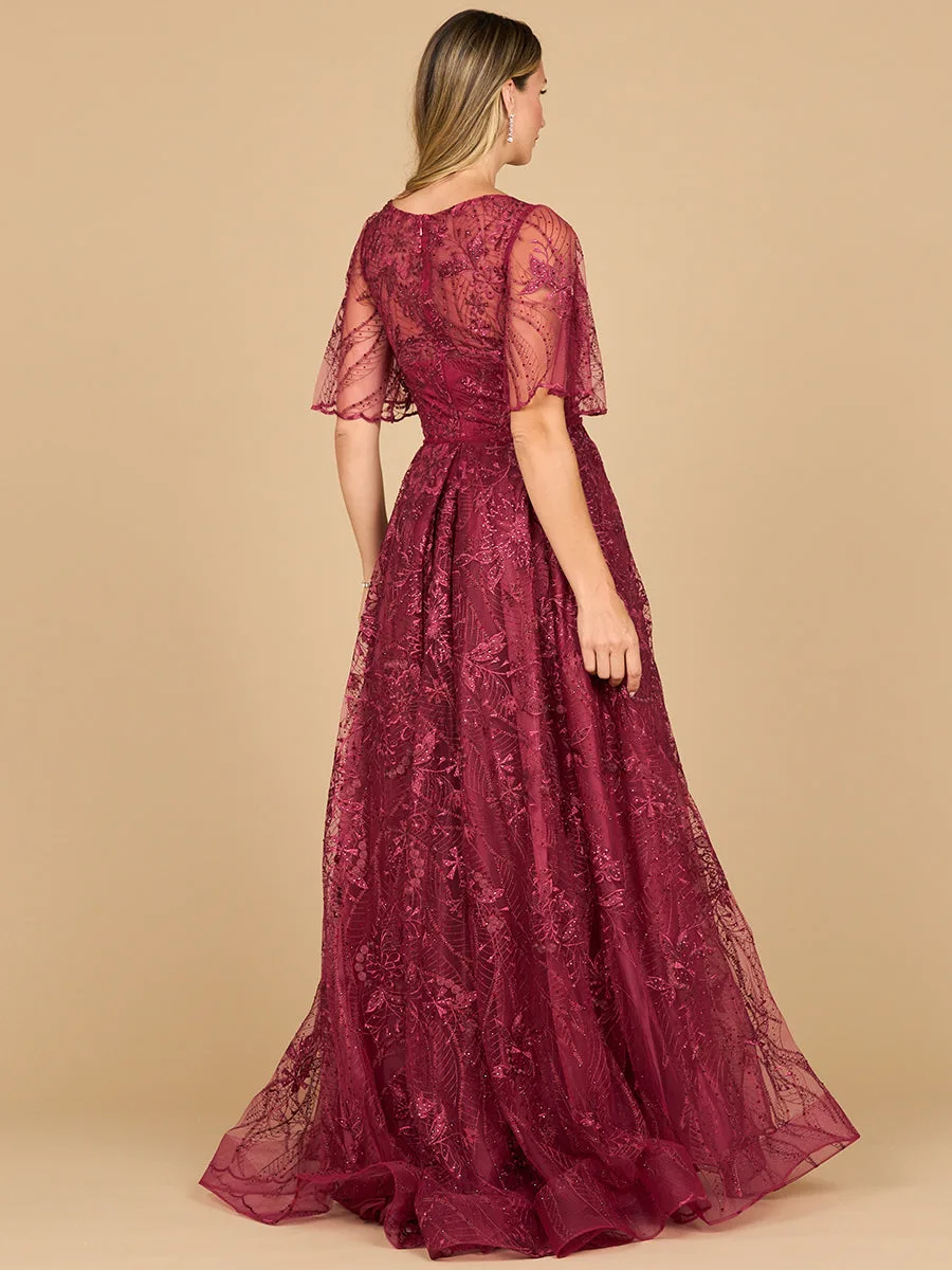 Overskirt Lace Fitted V-Neck Gown with Cape Sleeves by Lara New York — style 28880