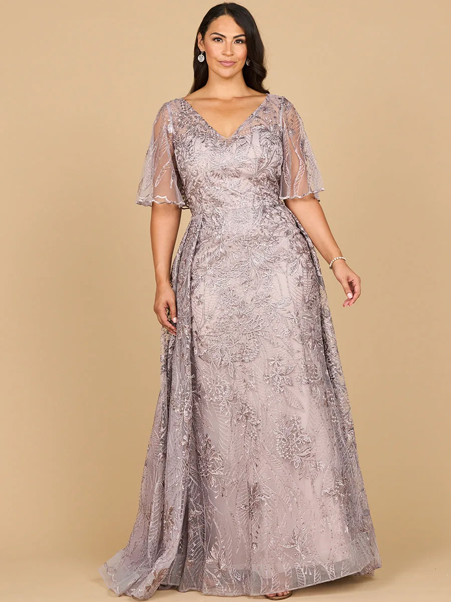 Overskirt Lace Fitted V-Neck Gown with Cape Sleeves by Lara New York — style 28880 in Dusty Lavender