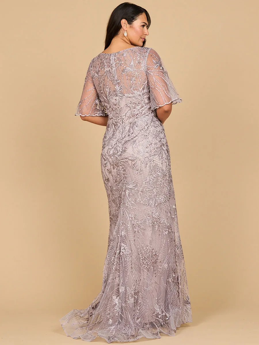 Overskirt Lace Fitted V-Neck Gown with Cape Sleeves by Lara New York — style 28880