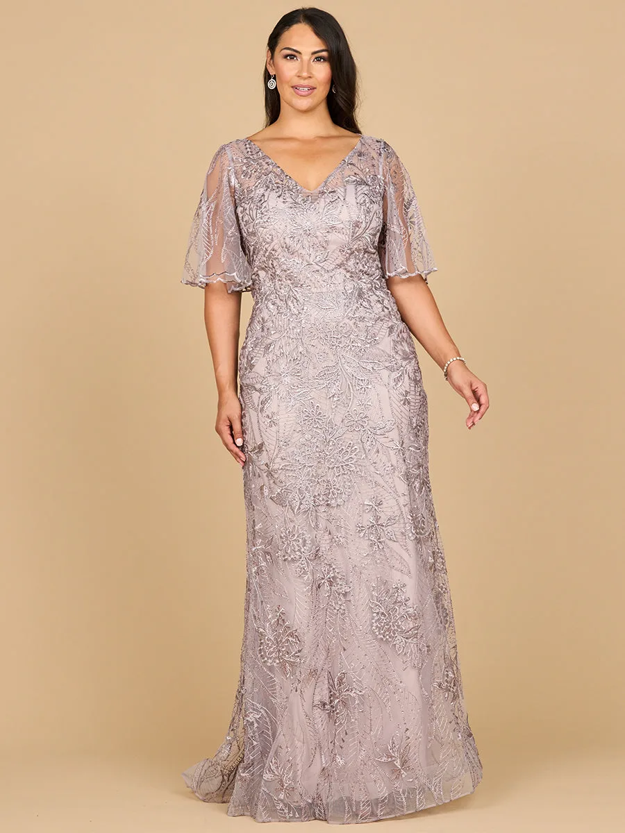Overskirt Lace Fitted V-Neck Gown with Cape Sleeves by Lara New York — style 28880
