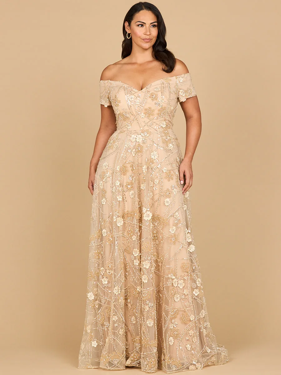 Off Shoulder A-Line Floral Gown by Lara New York — style 28882 in Taupe