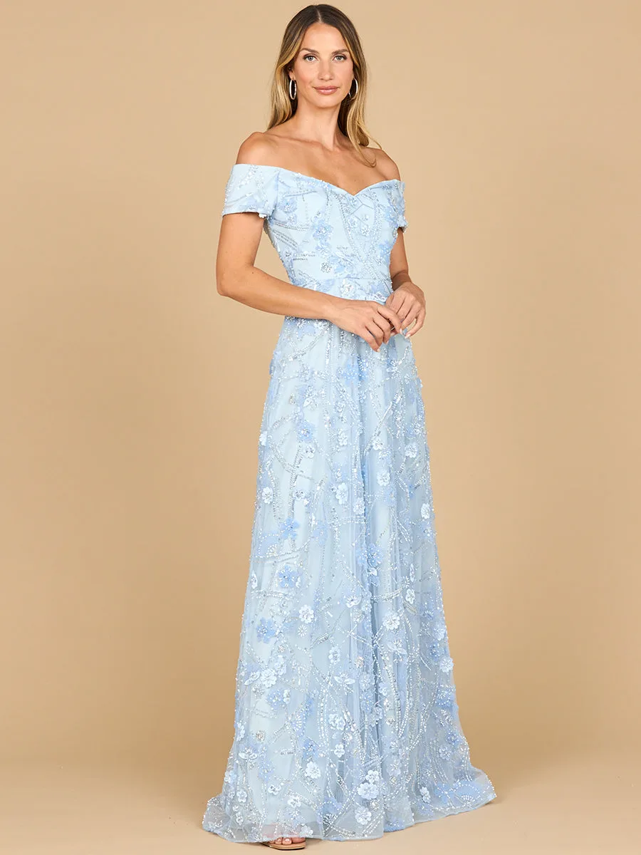 Off Shoulder A-Line Floral Gown by Lara New York — style 28882 in Periwinkle
