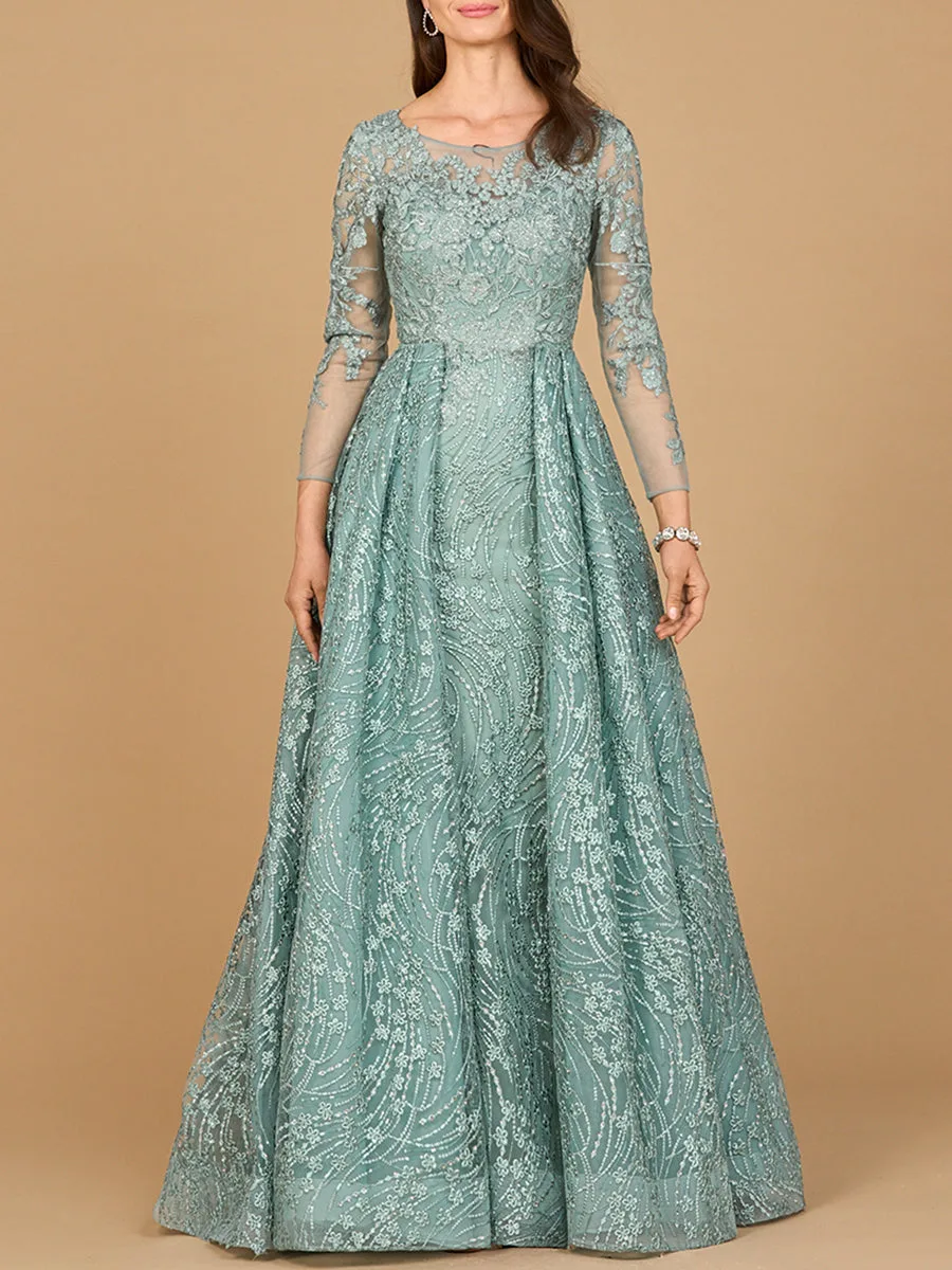 Long Sleeve Gown with Overskirt & Illusion Neckline by Lara New York — style 28883
