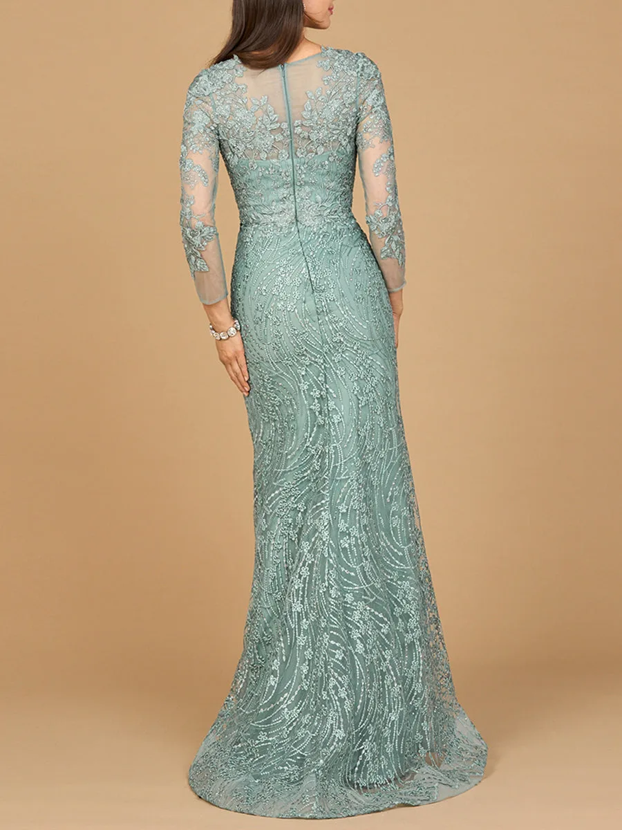 Long Sleeve Gown with Overskirt & Illusion Neckline by Lara New York — style 28883