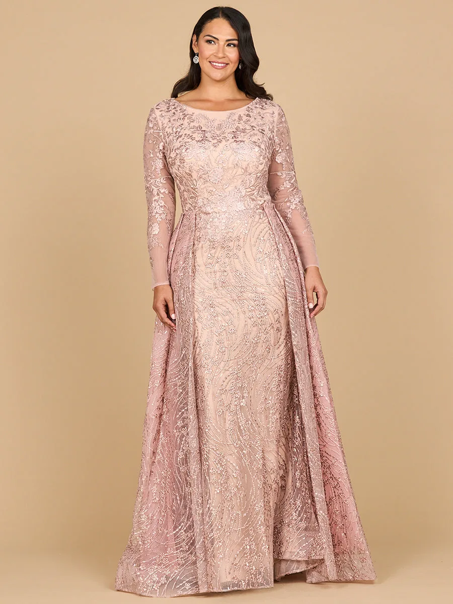 Long Sleeve Gown with Overskirt & Illusion Neckline by Lara New York — style 28883 in Blush