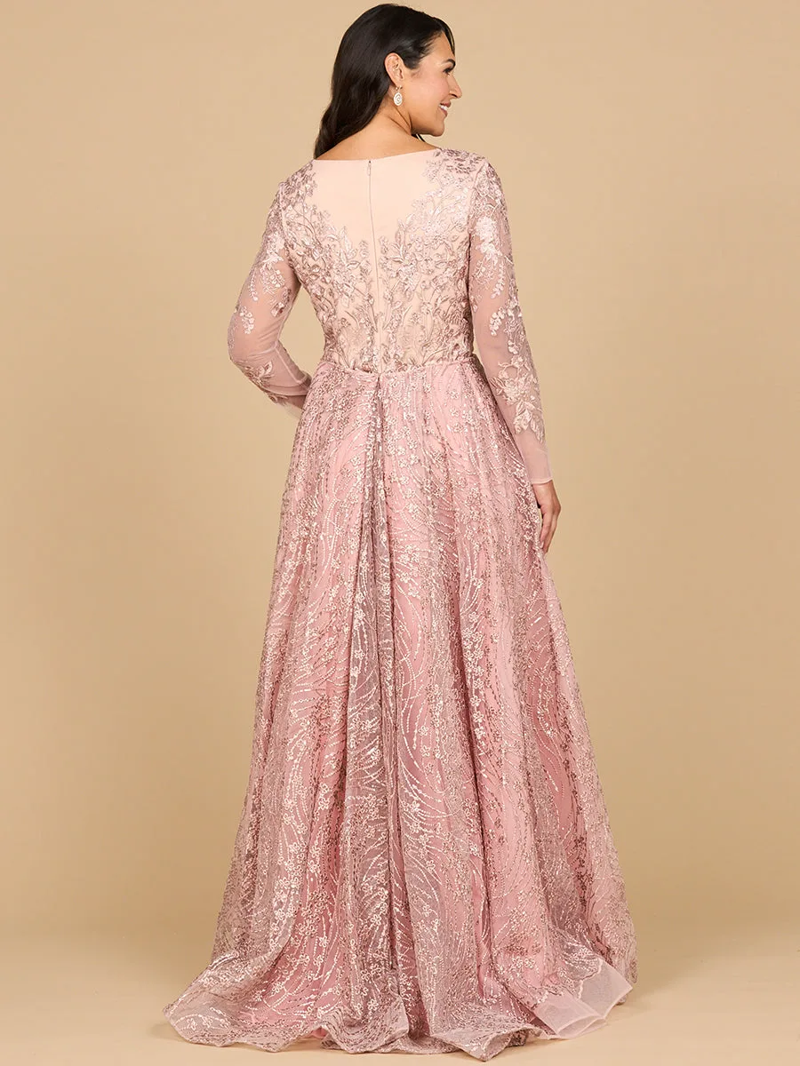Long Sleeve Gown with Overskirt & Illusion Neckline by Lara New York — style 28883