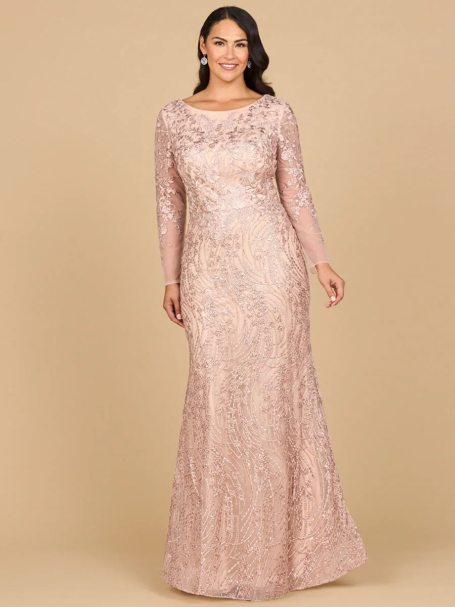 Long Sleeve Gown with Overskirt & Illusion Neckline by Lara New York — style 28883